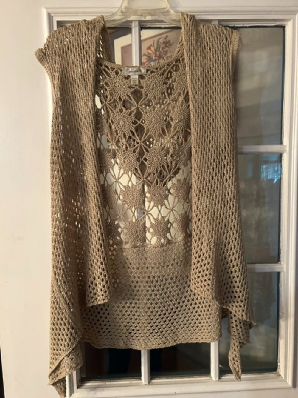 Dress Barn Beige Sleeveless Crochet Bohemian Vest with Hood, Size 22/24
